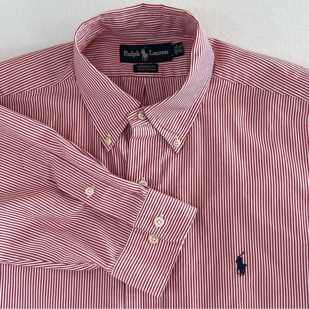 Ralph Lauren Yarmouth Men Red & White Striped Button Down Classic Business Shirt
